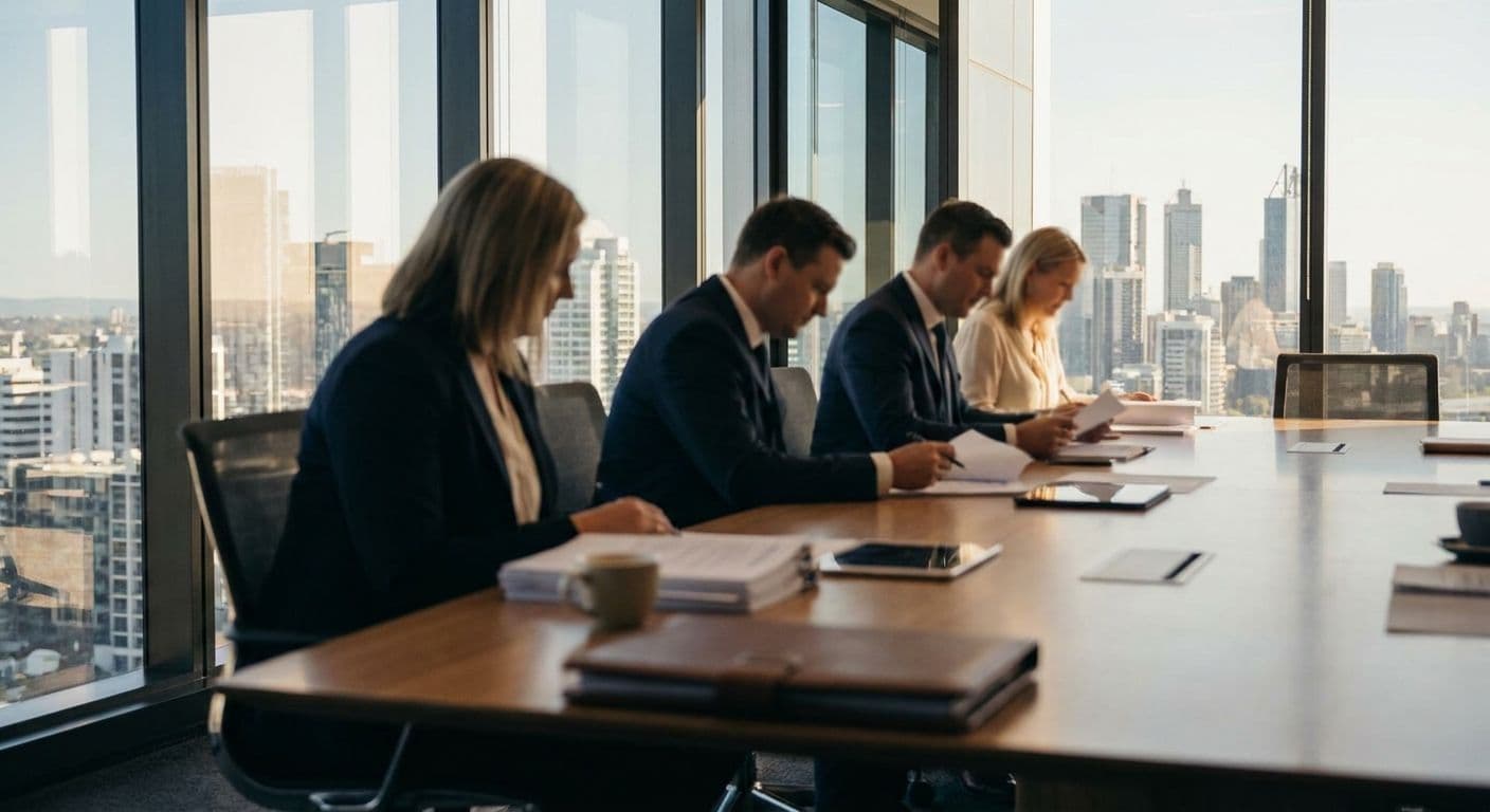 A corporate boardroom with a city skyline view