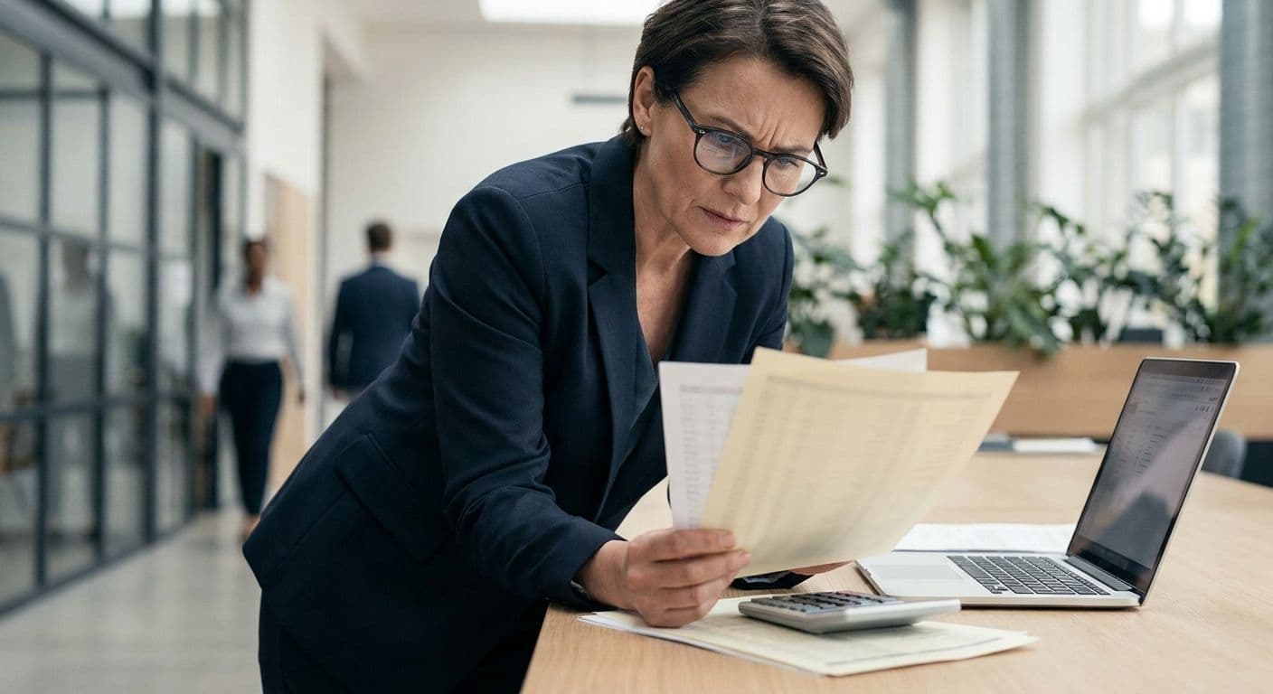 A business owner reviewing financial statements at a desk