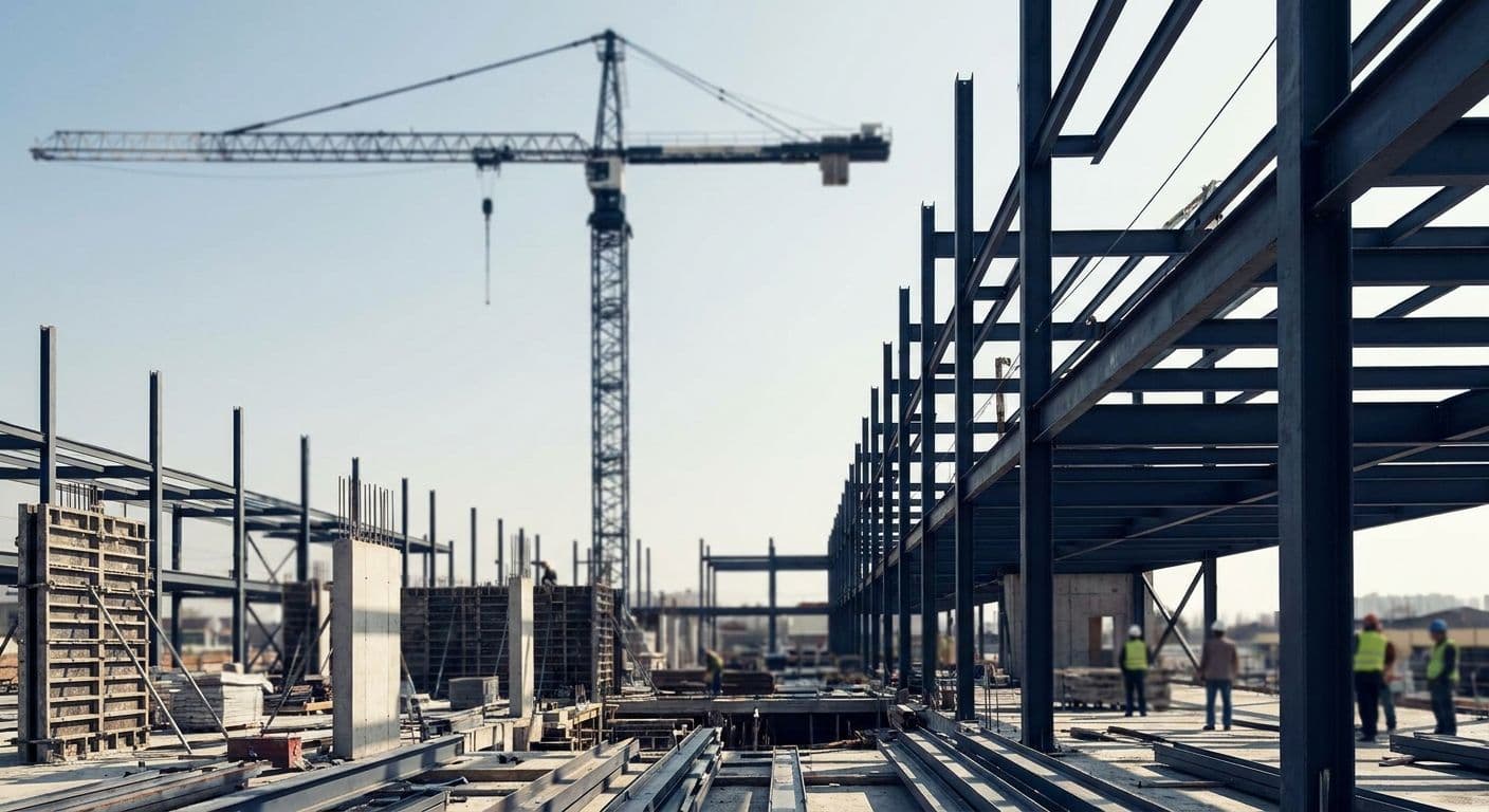 A construction site with cranes against the sky