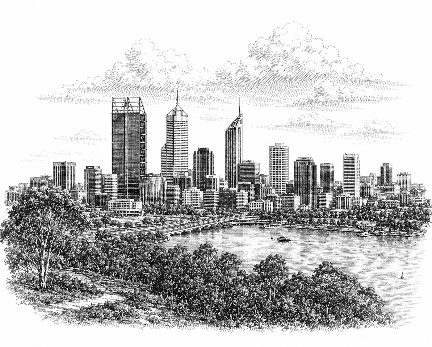 Gravure-style illustration of the Perth city skyline across the river